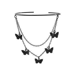 Gothic black butterfly choker with layered fringe chains and metal neck ring ornament