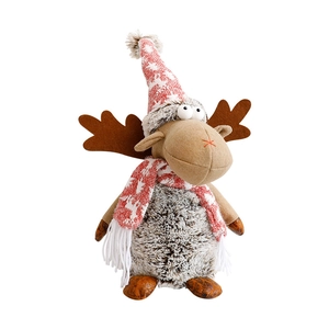 Christmas reindeer plush doll with snowflake knit hat and scarf on white background