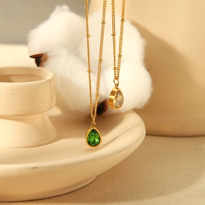 Teardrop Zircon Pendant Necklace Titanium Stainless Steel Water Drop Inlaid Rhinestone Bead Chain Elegant For Women