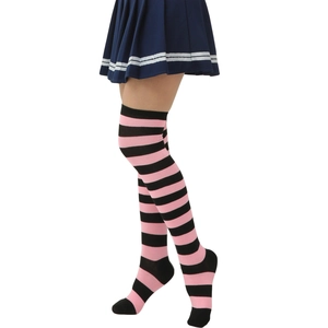 Chaussettes hautes rayées rose et noir pour femmes en tissu tricoté de haute qualité