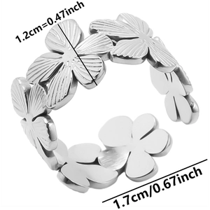 Detailed size view of silver floral pattern stainless steel open ring showing 1.2cm width