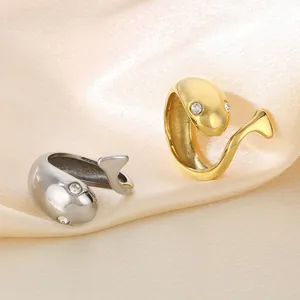 Dolphin Shape Open Ring Stainless Steel 18K Gold Plated Mirror Polished Rhinestone Eyes Adjustable Fashion Jewelry