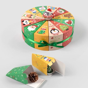 Set of 12 colorful Christmas advent calendar boxes in a circular cake-shaped layout