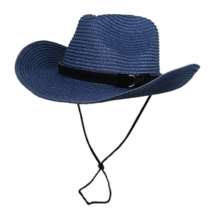 Navy blue straw western cowboy hat with leather band and adjustable wind rope