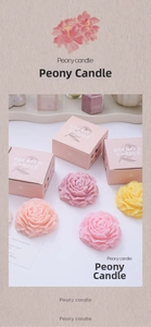 Detailed close-up of Peony shaped scented candles in pink gift boxes with elegant branding