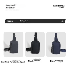 Three men's waterproof crossbody chest bags shown in grey, black, and blue colors