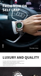 Close-up of luxury men's quartz watch with green dial inside an Audi luxury car