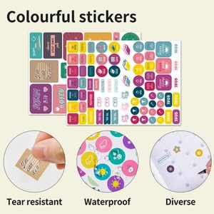 Detail view of colorful waterproof and tear-resistant planner stickers for journaling