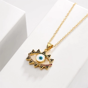 Evil eye pendant necklace with colorful micro-pave zircons and gold chain finish