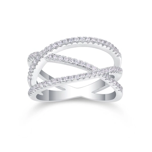 Cross-layered S925 silver wide band ring with pavé-set moissanite stones