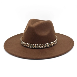 Flat top brown wool fedora with wide brim and decorative ethnic woven band for autumn and winter