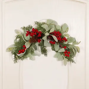 Christmas Swag Garland Artificial Red Berries Pine Cone Lamb Ear Leaves LED Lighted Lintel Front Door Wall Decor Country Style