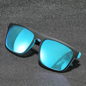 Polarized sports sunglasses with matte black frames and blue mirrored lenses, 45-degree view