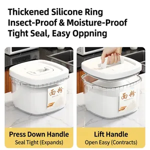 Airtight flour storage container with a mechanical handle for kitchen organization