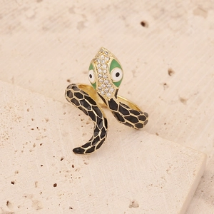 Golden snake wrap ring with black enamel scales and sparkling crystal rhinestones