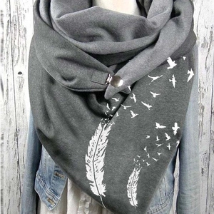 Warm grey winter scarf featuring white feather and bird print with metal buckle closure