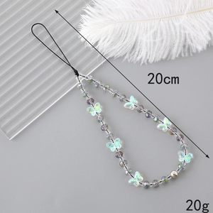 Y2K crystal beaded phone charm with butterfly pendant and silver clasp on 20cm strap