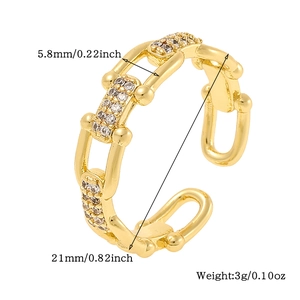 Detail view of adjustable gold ring showing width of 5.8mm and weight of 3g with zircon