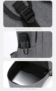 Detail view of adjustable straps, side pocket, and laptop compartment on gray backpack