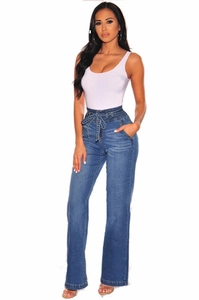 Full view of high waisted wide leg denim pants with belted waist and flattering hip fit