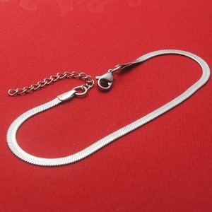 Polished silver stainless steel flat snake chain bracelet with adjustable lobster clasp