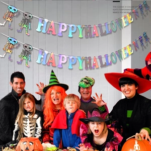 Detail of Happy Halloween banner with colorful skull ornaments for party background