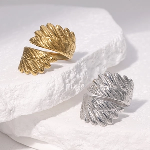 Wing Open Ring Stainless Steel 18K Gold Plated Adjustable Feather Design Fashion Jewelry For Women