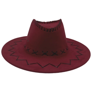 Burgundy western cowboy hat in faux suede with black cross-stitch trim and ventilation holes