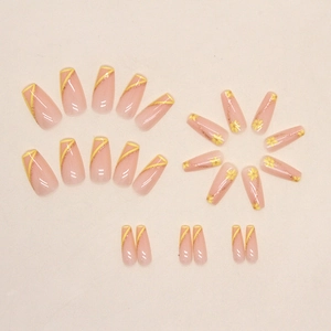 Lemon yellow floral press-on nails with glitter lines and nude pink base in a full set