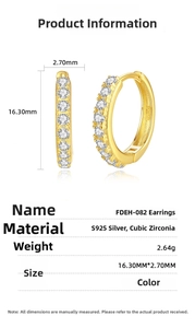 Detailed view of S925 sterling silver hoop earrings with cubic zirconia stones and measurements