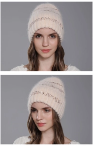 Detail view of cream sequin knit beanie showing fluffy rabbit hair texture and silver stripes