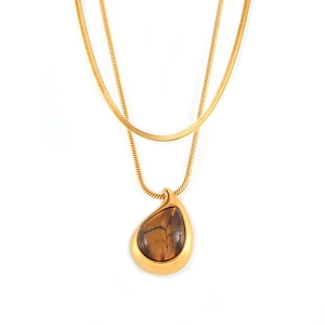 Double-layer 18k gold plated necklace with teardrop tiger eye pendant on blade chain