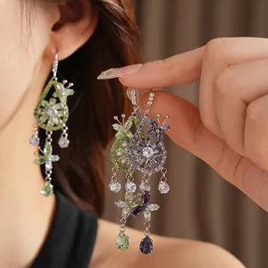 Elegant zircon butterfly and flower tassel drop earrings with purple crystals