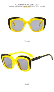 Detail view of square oversized hip-hop sunglasses with yellow-black honeycomb textured frame