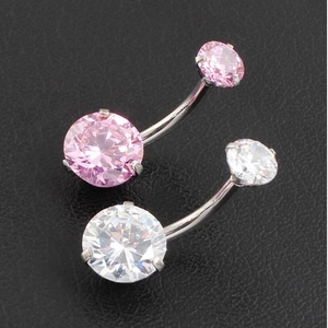 Double round cubic zirconia belly button rings in pink and clear crystal for women