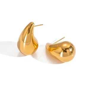 Polished 18k gold plated stainless steel waterdrop stud earrings on white background