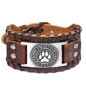 Brown leather braid bracelet featuring a vintage metal plate with bear paw and runes