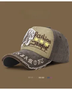 Close-up of vintage distressed baseball cap with embroidery and frayed brim details