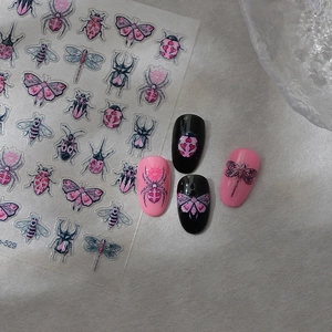 5D pink insect nail art stickers with butterfly and spider designs for manicure