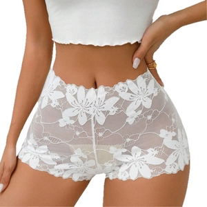 Sexy white lace mesh boxer panties for women with floral embroidery and high waist cut