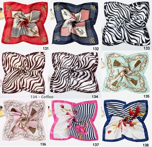 Collage of 50x50cm printed satin square scarves with various nautical and floral patterns