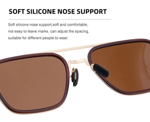 Close-up of adjustable soft silicone nose pads on gold metal polarized sunglasses