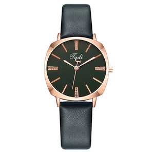 Fashion square rose gold quartz watch for women with green dial and black leather strap