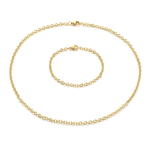 Golden shimmering stainless steel necklace and bracelet set on a white background