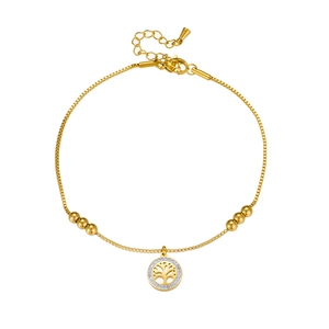 Elegant gold titanium tree of life anklet with white rhinestones on white background