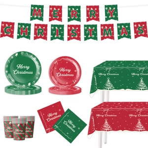 Red and green Christmas party tableware set with plates cups napkins and banners