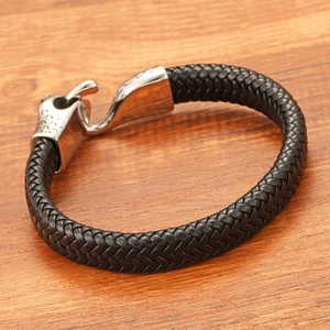 Pulsera para hombre de cuero trenzado negro con cierre de acero inoxidable