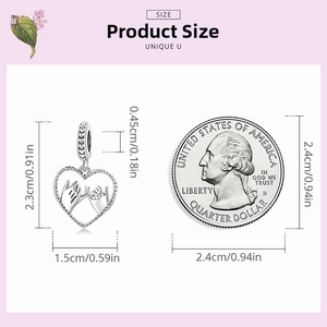 Detail of s925 silver pinky promise heart charm with dimensions and coin for scale