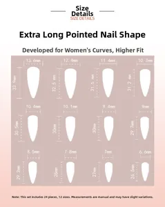Size chart for 3D shell press on nails showing dimensions for 12 sizes of long stiletto tips