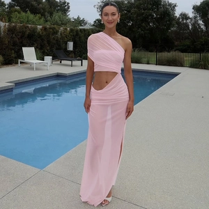 Pink mesh two-piece set with one-shoulder crop top and side slit maxi skirt for women